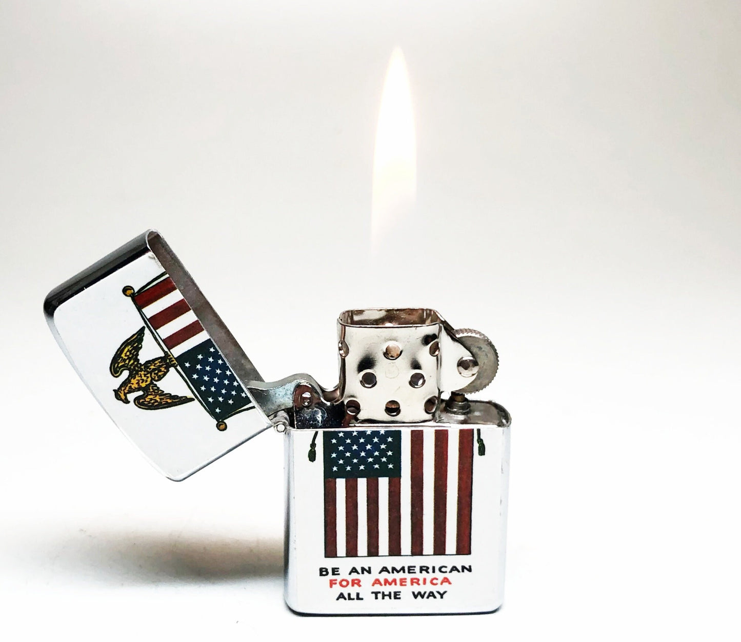 1960s USA Flag Lighter - Working Vintage Old Flip Top I am Proud To be an American Japanese Made Lighter