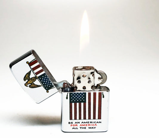 1960s USA Flag Lighter - Working Vintage Old Flip Top I am Proud To be an American Japanese Made Lighter