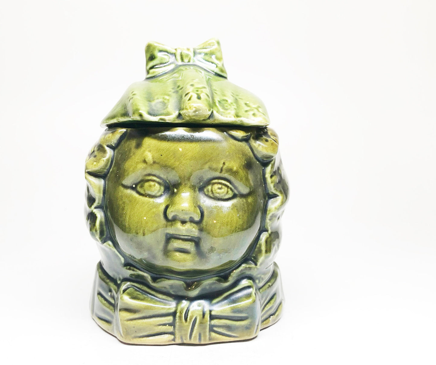 Early 1900s Two-Faced Crying Baby Green Tobacco Humidor