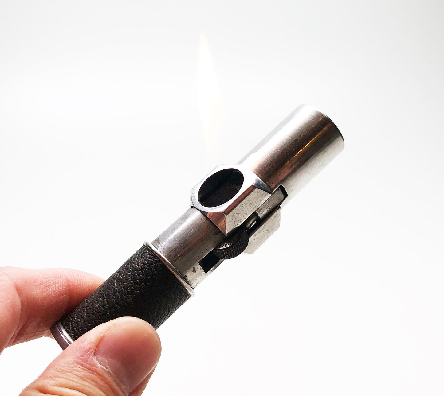 WORKING NIMROD PIPELITER - Vintage 1950s Antique Old Aluminum Brown Leather Wrapped Pipe Lighter, Made in usa