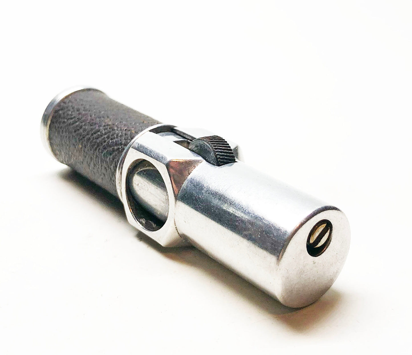 WORKING NIMROD PIPELITER - Vintage 1950s Antique Old Aluminum Brown Leather Wrapped Pipe Lighter, Made in usa