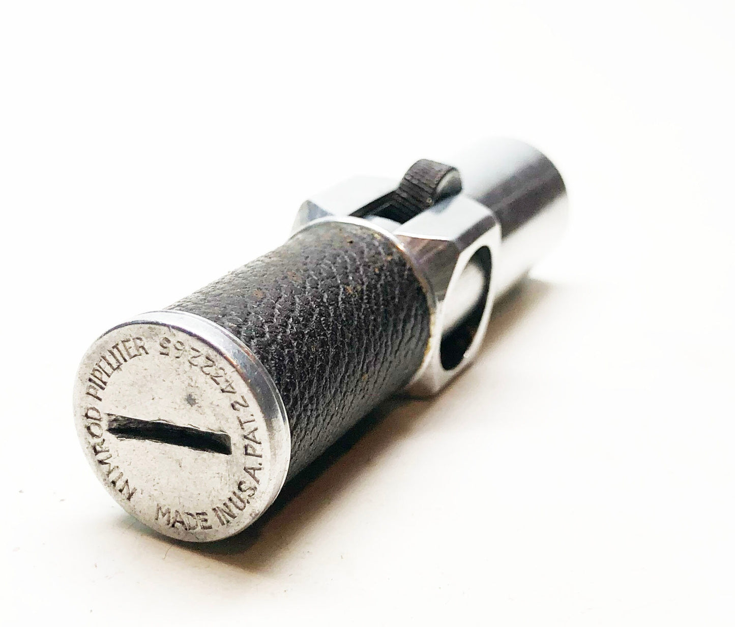 WORKING NIMROD PIPELITER - Vintage 1950s Antique Old Aluminum Brown Leather Wrapped Pipe Lighter, Made in usa